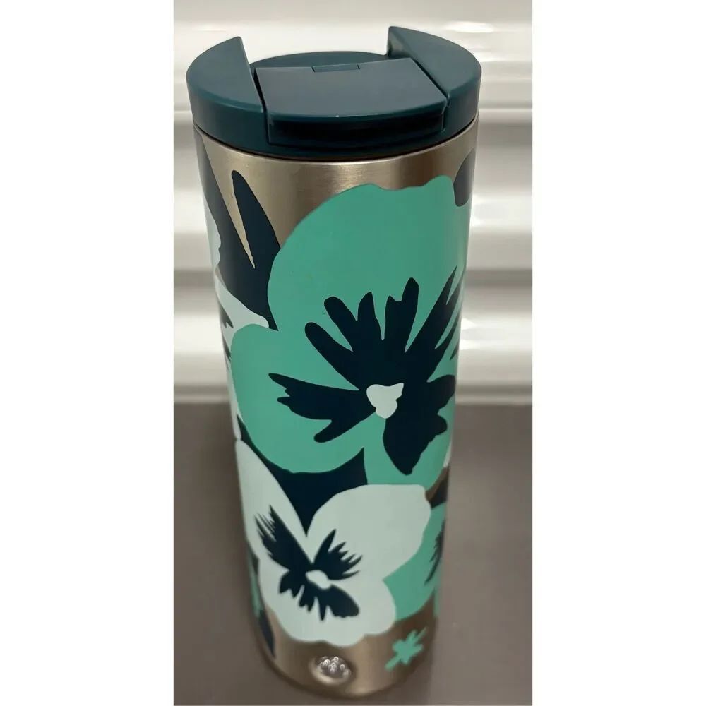 Starbucks Pansies Valentines Floral Green 16oz Insulated Travel Cup with lid